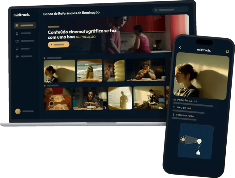 Mockup do Banco de Referências de Iluminação aberto no notebook e no celular: grupos de referências no notebook e uma referência aberta no celular com posição da luz, tipo de luz e temperatura